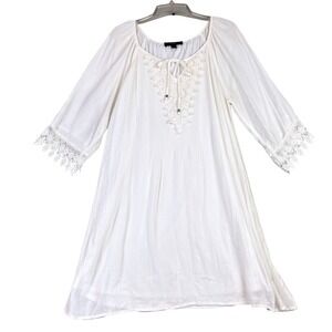 Naif Womens Large White Tunic Dress Crochet Lace V-Neck Boho Crinkle Gauze Fairy